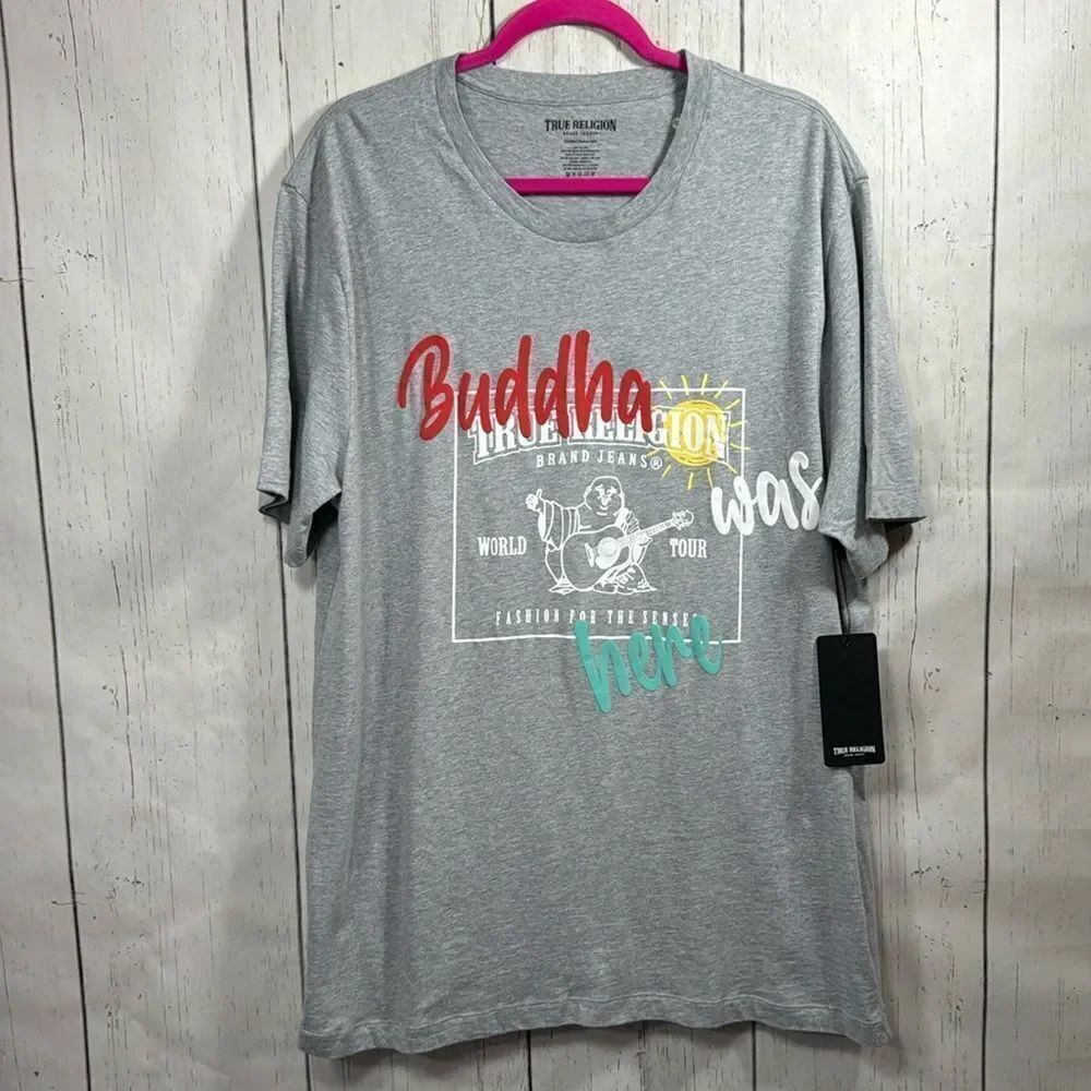 True Religion Buddha Was Here Graphic Tee Heather Gray Streetwear Skater XXL